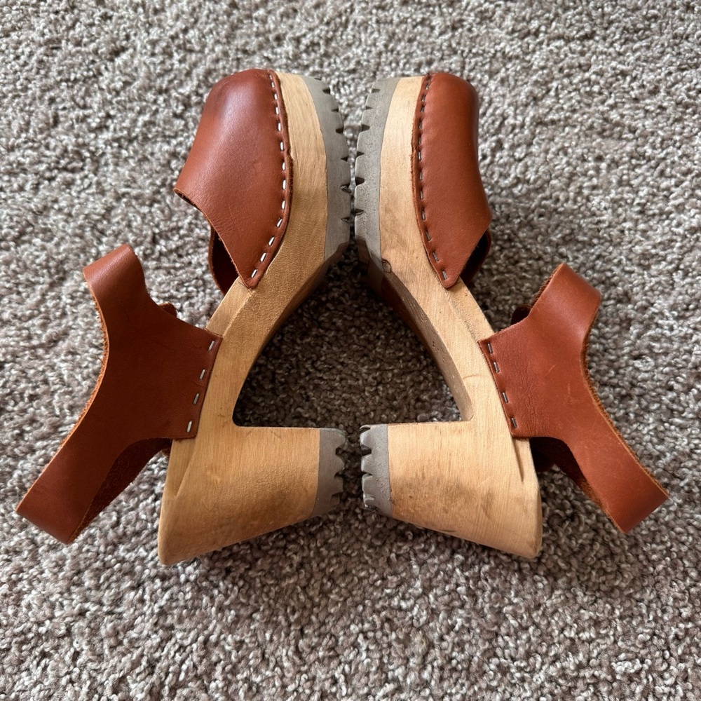 MIA Brown Leather Abba Clogs Size 36 US 6 Luggage Swedish 70’s Hippie Boho - Picture 10 of 11